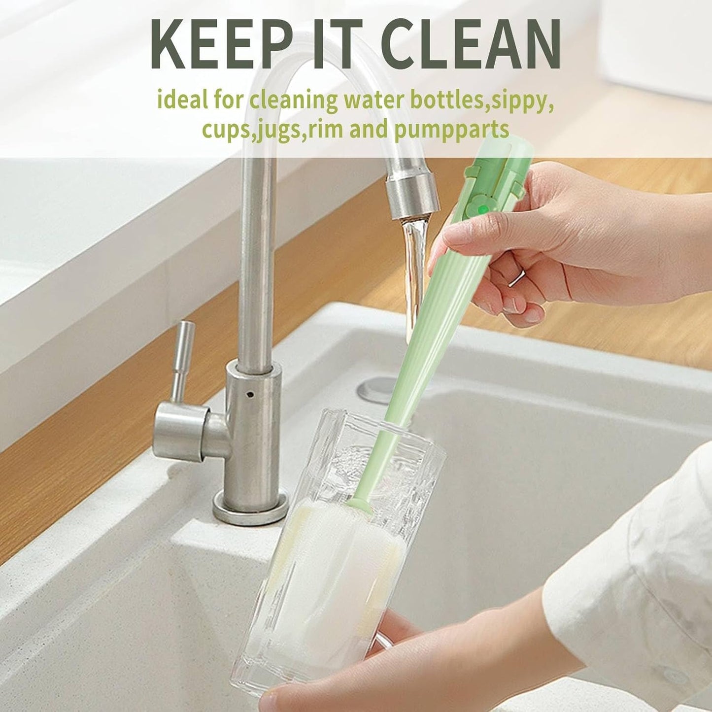 Water Bottle Cleaner Brush,5-In-1 Bottle Brushes for Cleaning,Bottle Scrubber Brush Cleaner(Green)