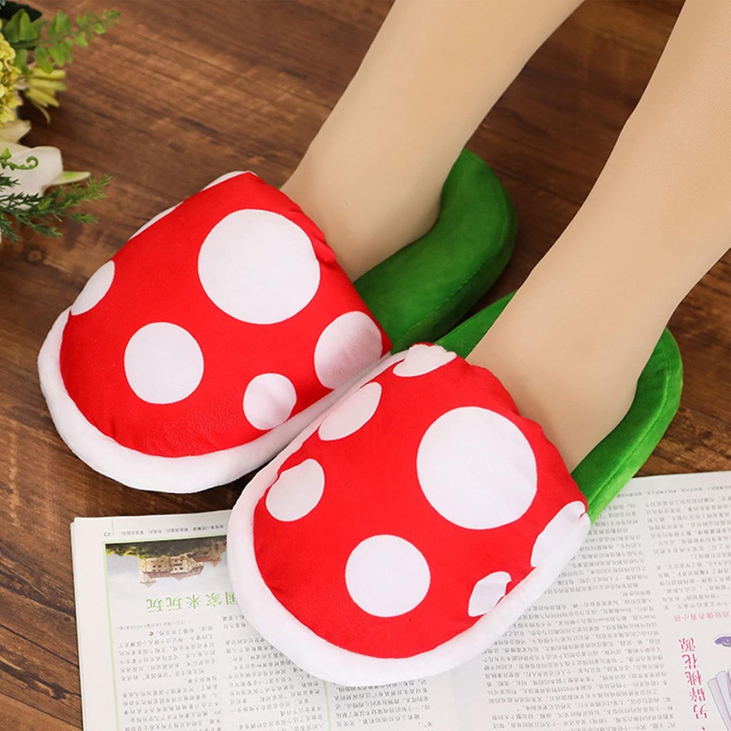 Piranha Plant Slippers with Pipe Pot Holder - Mushroom Slippers Loafer with Red Socks