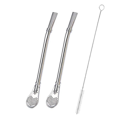 2Pcs Yerba Mate Bombilla Stainless Steel Straw Loose Leaf Tea Infuser Dringking Spoons Filter Stirring Straws W Cleaning Brush