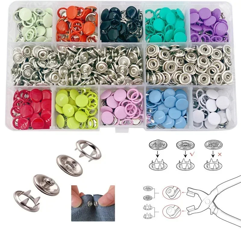 50/100Pcs Colorful Metal Sewing Buttons Solid Plier Tool Set Prong Press Studs Snap Fasteners for Installing Clothes Bags