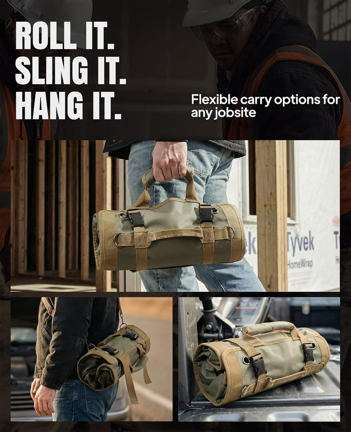 Tool Roll up Bag, 1680D Heavy Duty Tool Bag Organizer with 2 Detachable Tool Pouches & Multiple Pockets, Waterproof Motorcycle Tool Roll for Mechanic & Electrician, Gift for Men Him Dad, 21.9"*14.2"