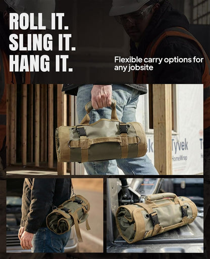 Tool Roll up Bag, 1680D Heavy Duty Tool Bag Organizer with 2 Detachable Tool Pouches & Multiple Pockets, Waterproof Motorcycle Tool Roll for Mechanic & Electrician, Gift for Men Him Dad, 21.9"*14.2"