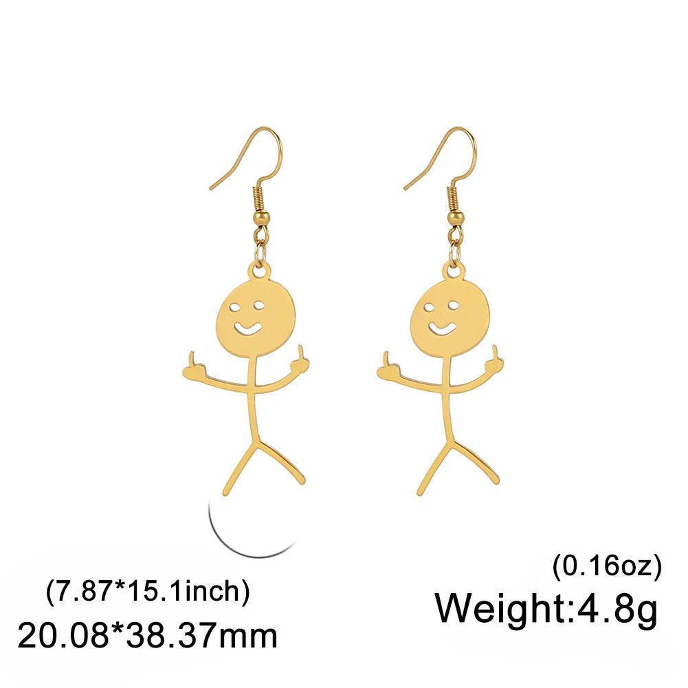 Funny Doodle Earrings for Woman 2026 Trend Punk Middle Finger Stickman Hip Hop Stainless Steel Dangle Earrings