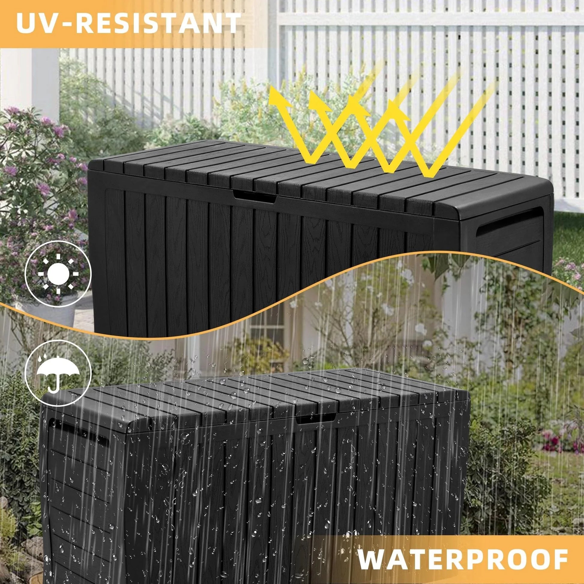 Deck Box, 75 Gallon Resin Box on Wheels, Large Outdoor Storage Box, Outdoor Waterproof Storage Chest for outside Furniture Cushions, Garden Tools, Black, D7226