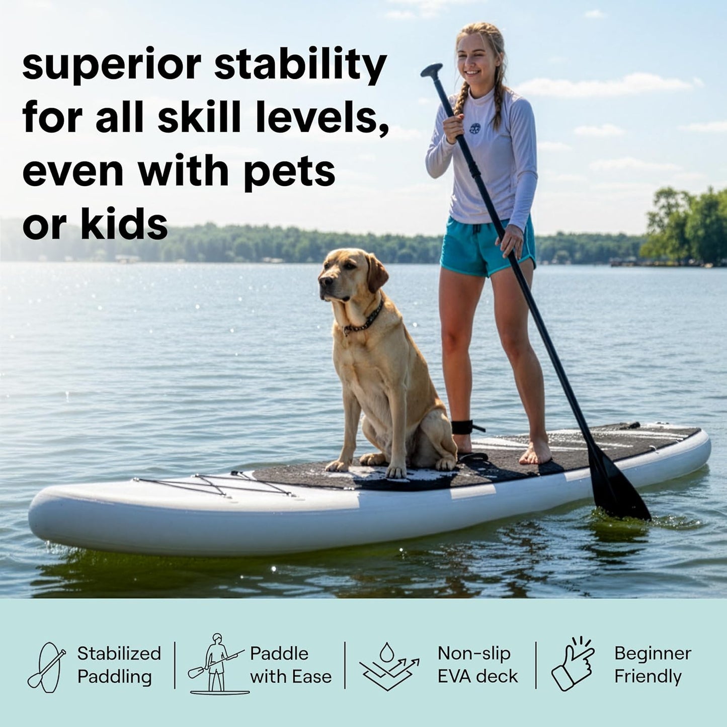 Inflatable Stand up Paddle Board - Wide Stable Design, Non-Slip Deck for Adults & Youth with Premium Paddle Board Accessories: Carry Bag, Dual Action Pump, Paddle, Ankle Leash