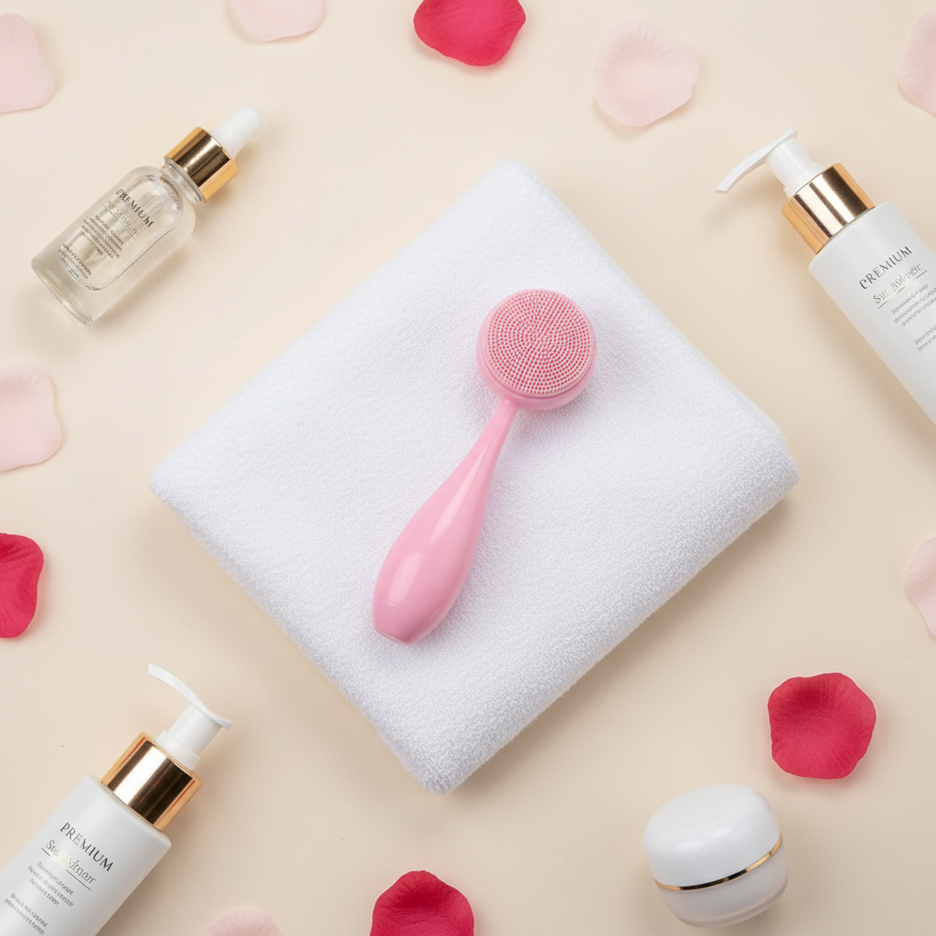 Pink Facial Cleansing Brush - Flat Lay