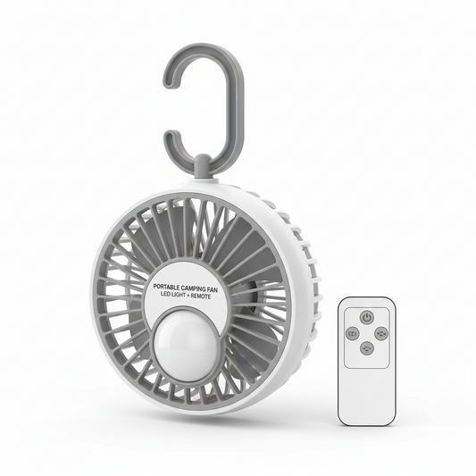 Portable Camping Ceiling Fan with LED Light & Remote Control – Rechargeable