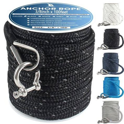 Double Braided Nylon Boat Anchor Rope with Stainless Steel Thimble – 50ft
